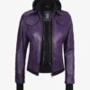 Womens Purple Bomber Leather Jacket - Removable Hood