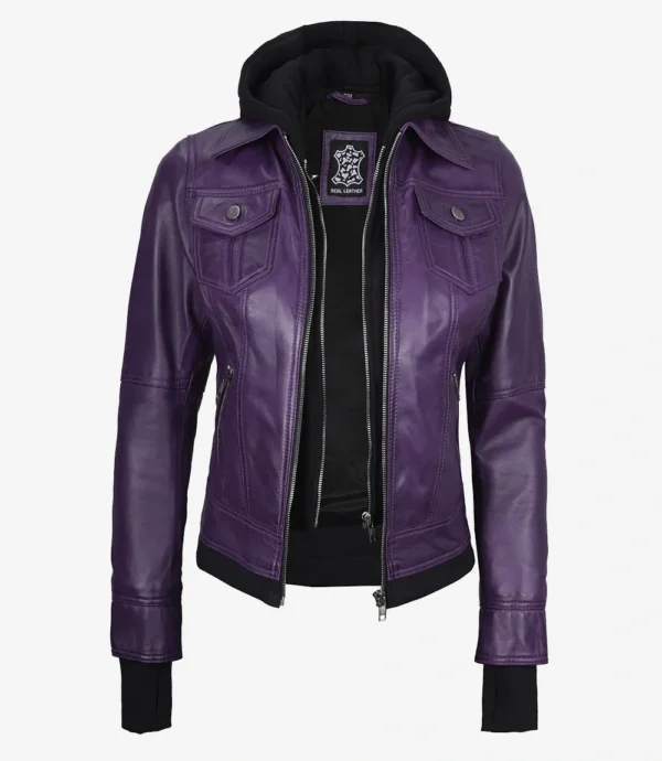 Womens Purple Bomber Leather Jacket - Removable Hood