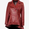 Women's Red Leather Peplum Jacket with Asymmetrical Zip Closure