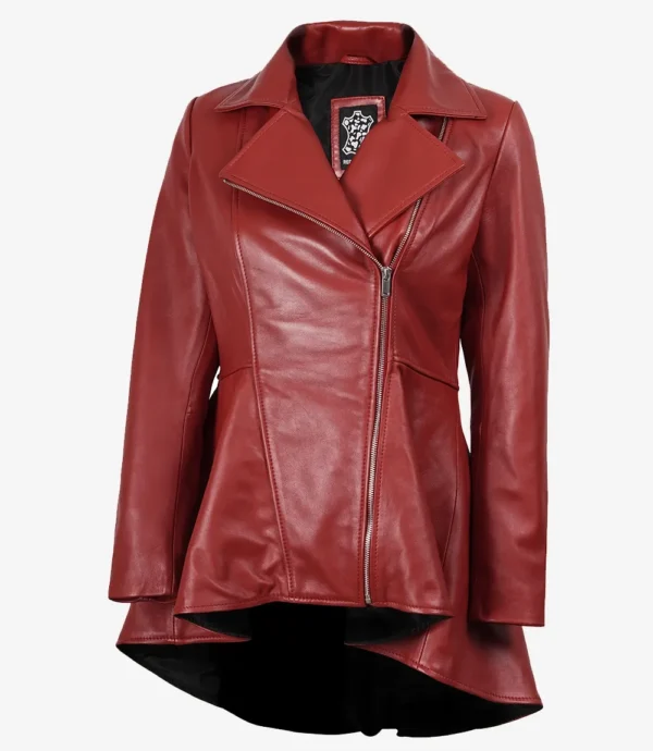 Women's Red Leather Peplum Jacket with Asymmetrical Zip Closure
