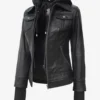The Céleste: Womens Black Bomber Leather Jacket with Removable Hood
