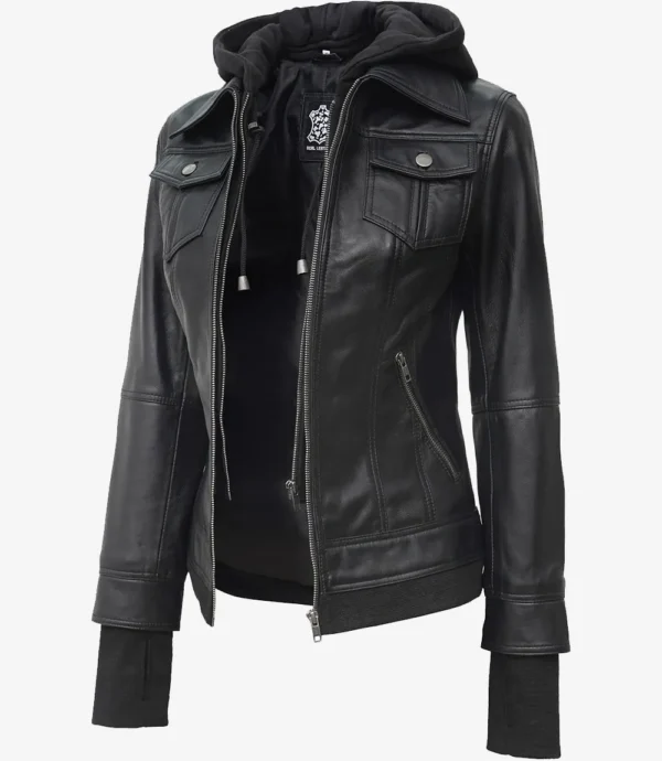 The Céleste: Womens Black Bomber Leather Jacket with Removable Hood