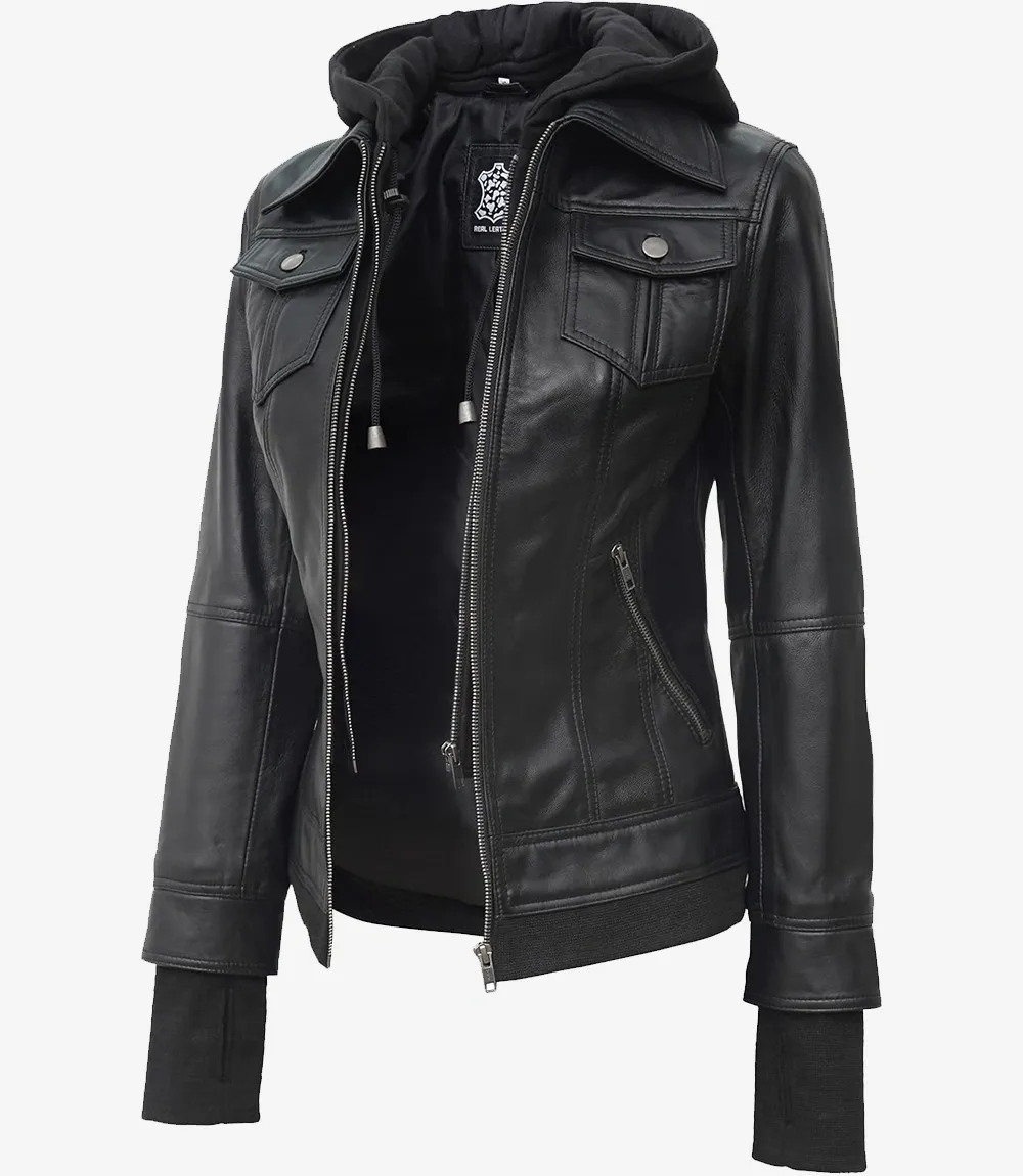 The Céleste: Womens Black Bomber Leather Jacket with Removable Hood The Céleste: Womens Black Bomber Leather Jacket with Removable Hood