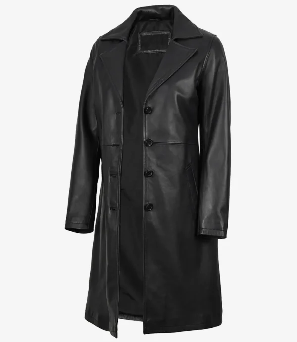 Women's Long Black Leather Car Coat - Notch Lapel