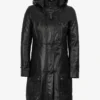 Women's 3/4 Length Black Leather Hooded Coat