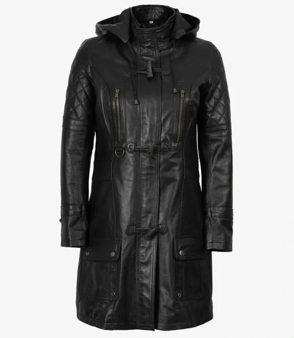 Women's 3/4 Length Black Leather Hooded Coat