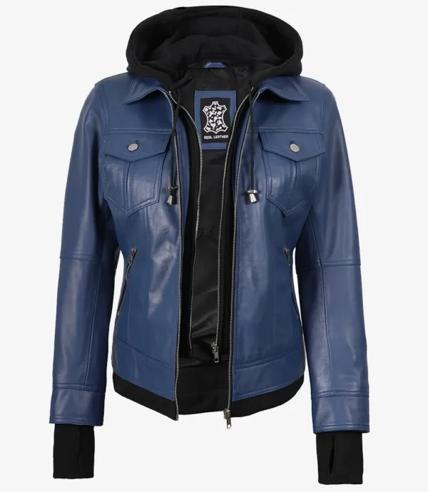 Womens Blue Bomber Leather Jacket With Hood