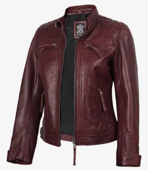 Women's Burgundy Real Lambskin Leather Biker Style Jacket