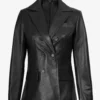 Notch Lapel Collar Double Breasted Black Leather Coat Women