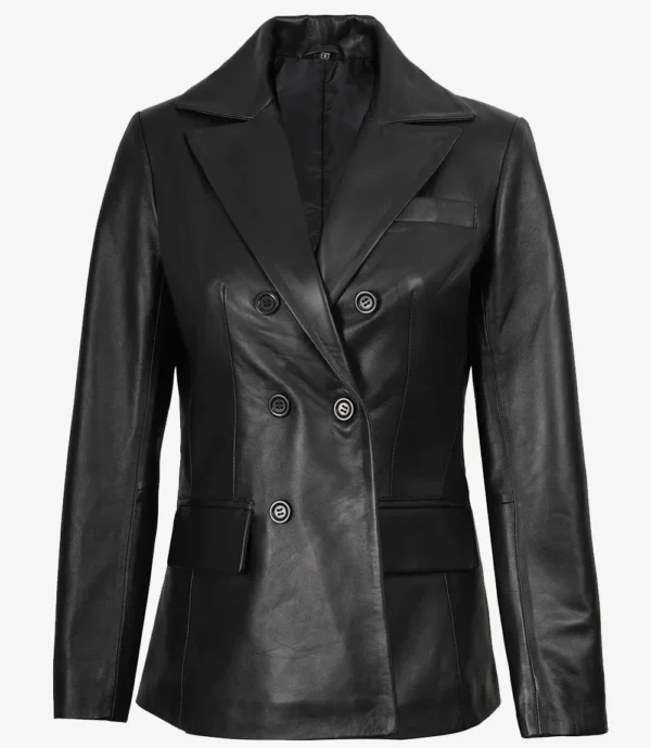 Notch Lapel Collar Double Breasted Black Leather Coat Women