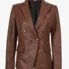 Womens Kim Double Breasted Cognac Leather Blazer