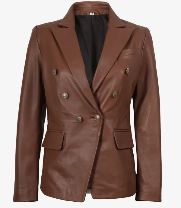 Womens Kim Double Breasted Cognac Leather Blazer