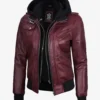 Womens Maroon Hooded Bomber Leather Jacket