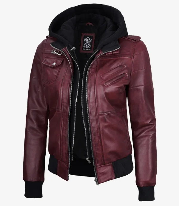 Womens Maroon Hooded Bomber Leather Jacket