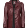 Womens Three Button Burgundy Leather Blazer