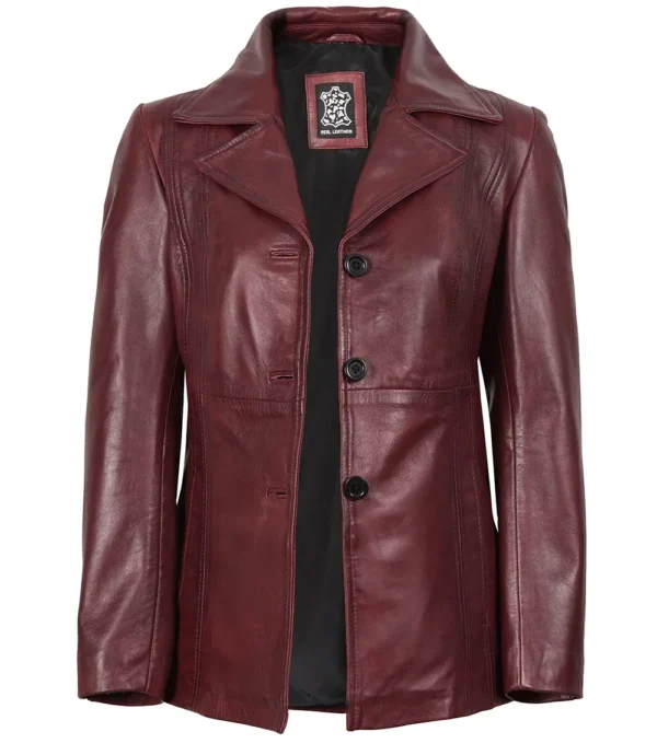 Womens Three Button Burgundy Leather Blazer
