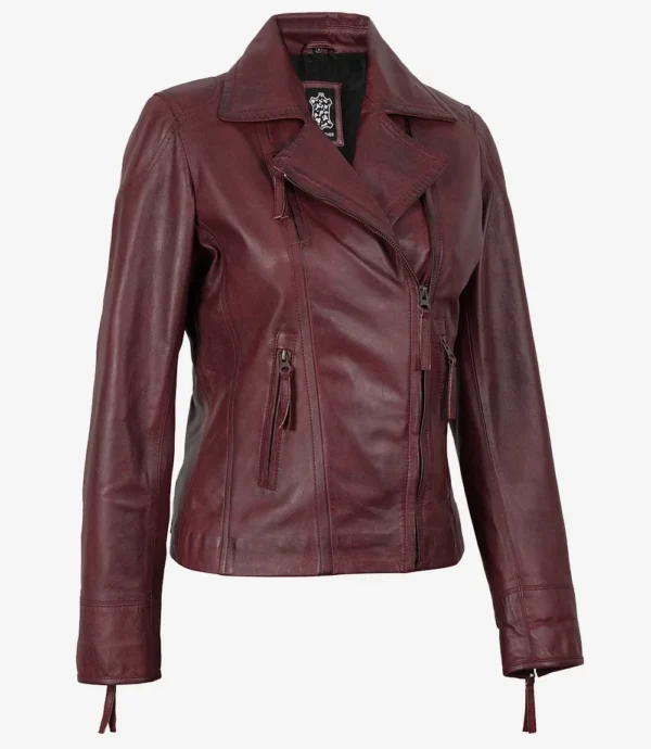 Womens Real Lambskin Leather Burgundy Biker Style Jacket