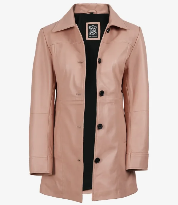 Women's Real Leather Pink Button Down Car Coat