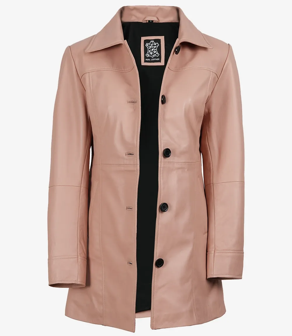 Women's Real Leather Pink Button Down Car Coat Women's Real Leather Pink Button Down Car Coat