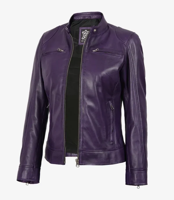 Dodge Womens Real Lambskin Leather Purple Biker Style Jacket