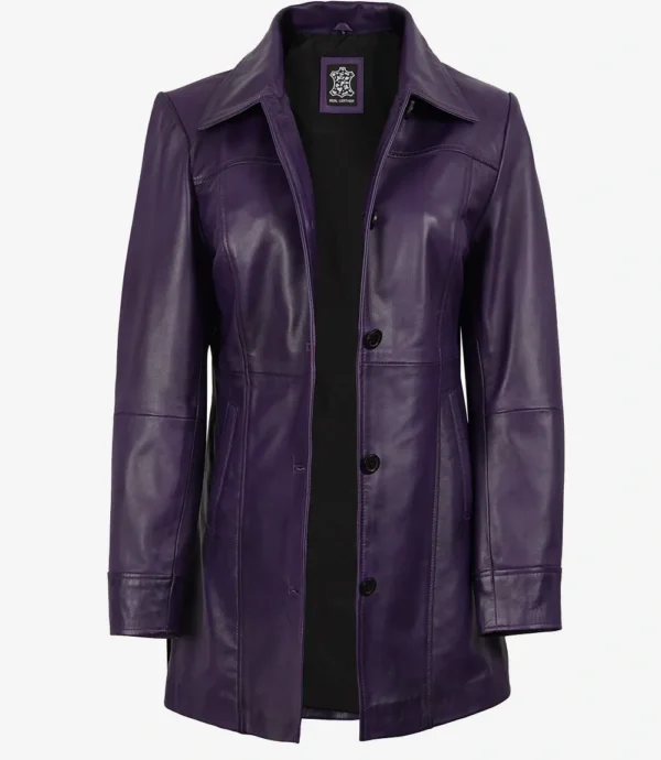Women's 3/4 Length Button Down Purple Leather Coat