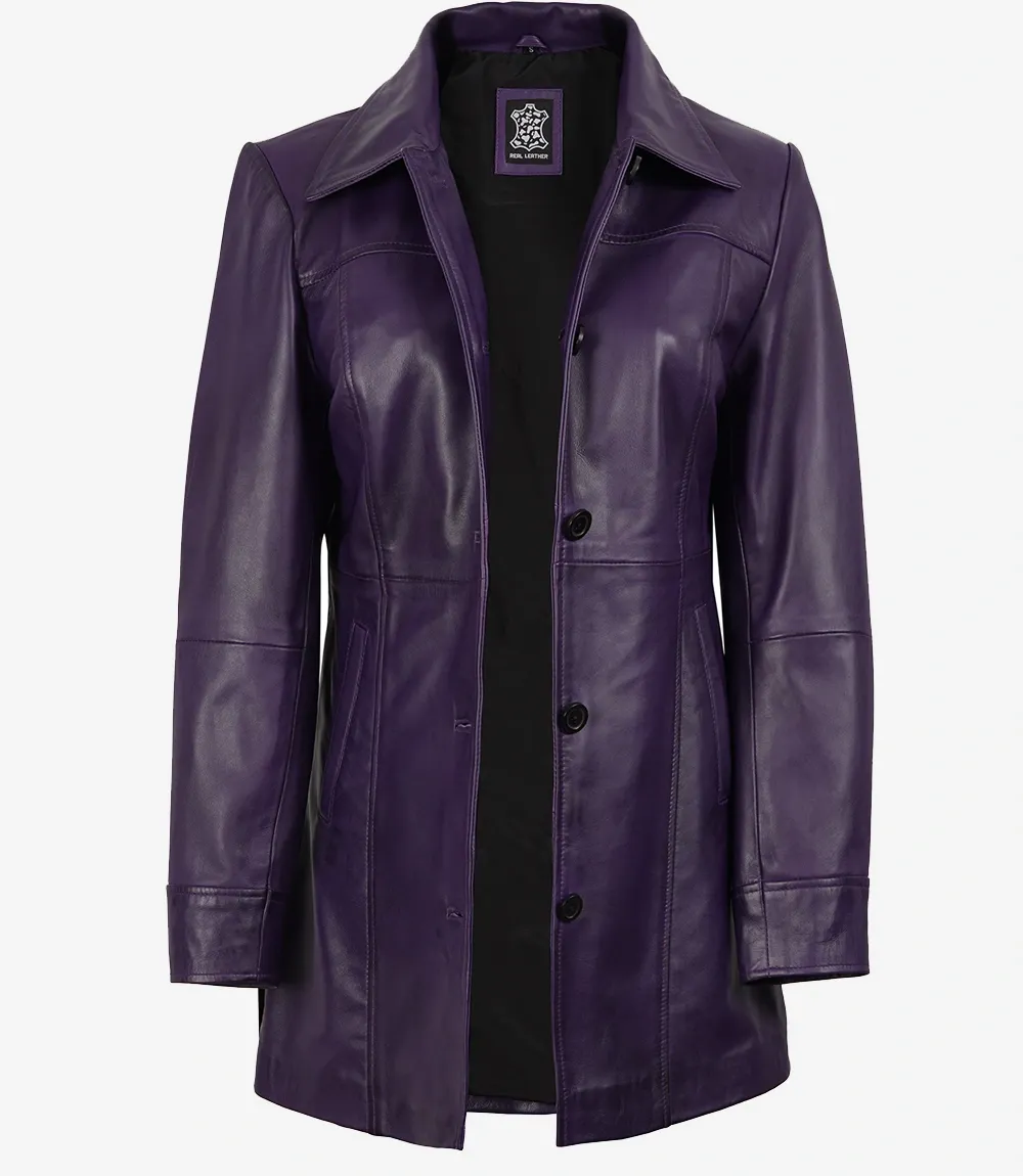 Women's 3/4 Length Button Down Purple Leather Coat Women's 3/4 Length Button Down Purple Leather Coat