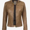 Womens Real Leather Camel Biker Style Jacket