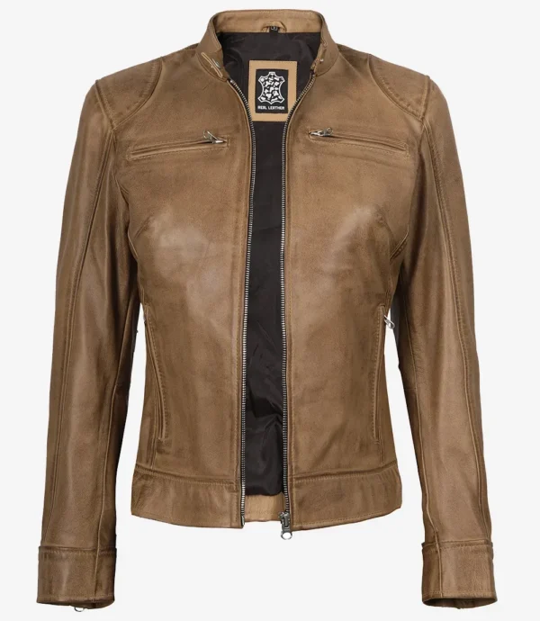 Womens Real Leather Camel Biker Style Jacket