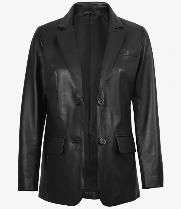 Womens Two Button Notch Lapel Black Leather Blazer Jacket