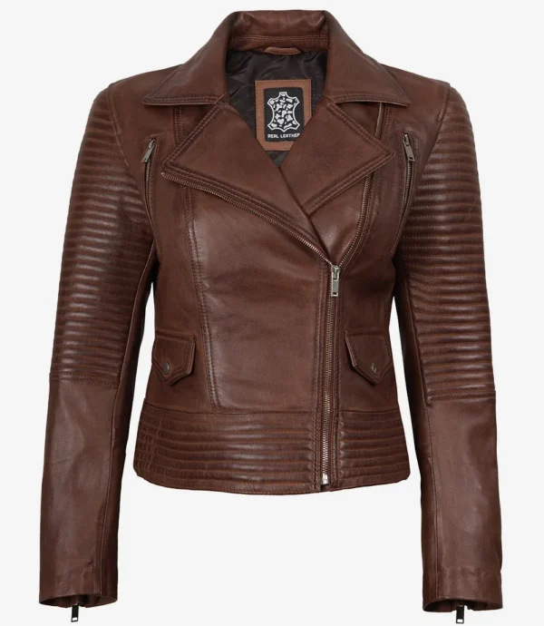 Women's Asymmetrical Cognac Leather Biker Style Jacket