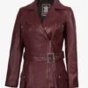 Women's Asymmetrical Maroon Belted Biker Style Leather Jacket