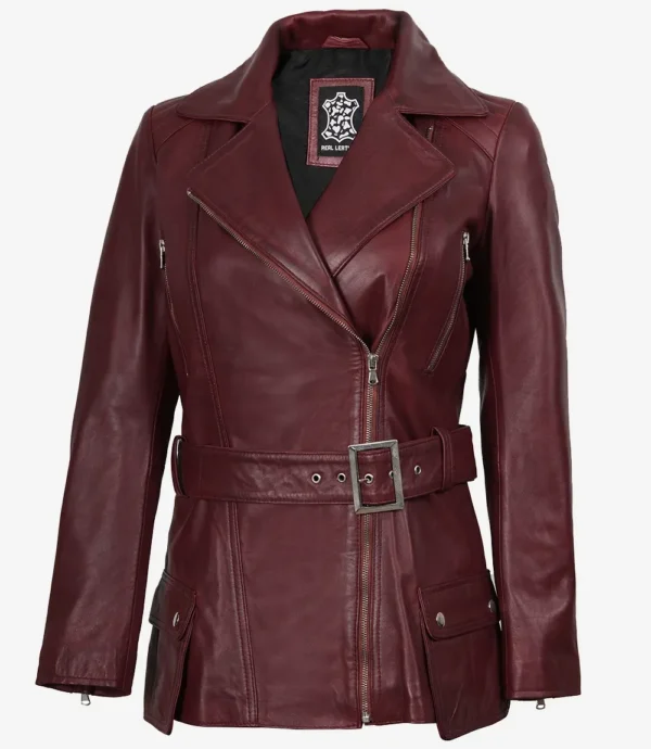 Women's Asymmetrical Maroon Belted Biker Style Leather Jacket