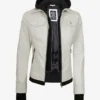 Womens Off White Bomber Leather Jacket with Removable Hood