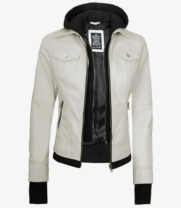 Womens Off White Bomber Leather Jacket with Removable Hood