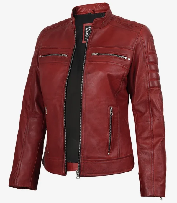Womens Real Leather Red Waxed Biker Style Jacket