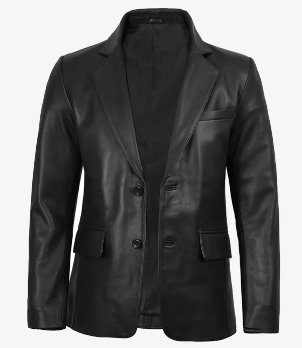 Mens Two Button Black Leather Blazer - Notch Lapel