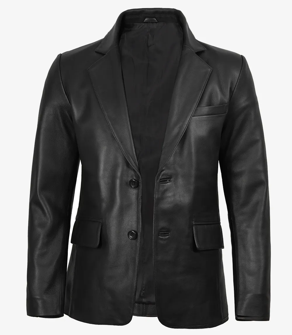 Mens Two Button Black Leather Blazer - Notch Lapel Mens Two Button Black Leather Blazer - Notch Lapel