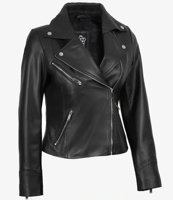 Rita Womens Asymmetrical Black Leather Biker Style Jacket