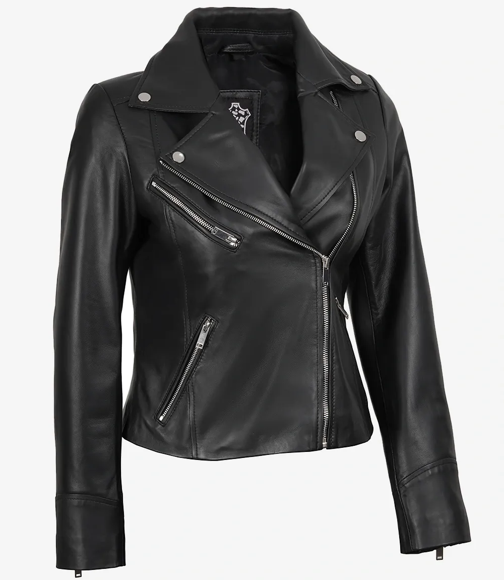 Rita Womens Asymmetrical Black Leather Biker Style Jacket
