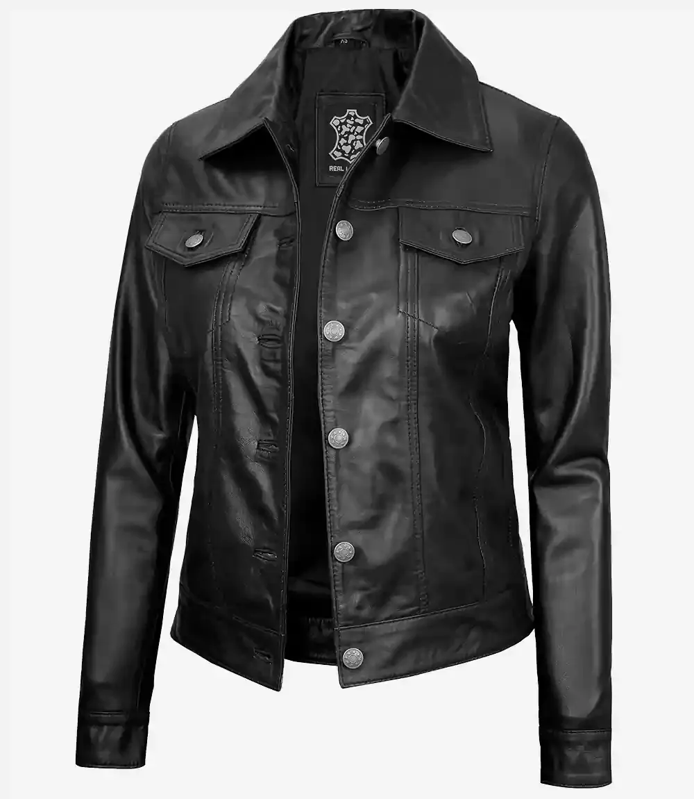 Women's Black Lambskin Leather Four-Pocket Trucker Jacket Women's Black Lambskin Leather Four-Pocket Trucker Jacket