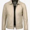 Mens Classic Shirt Collar Beige Harrington Leather Jacket