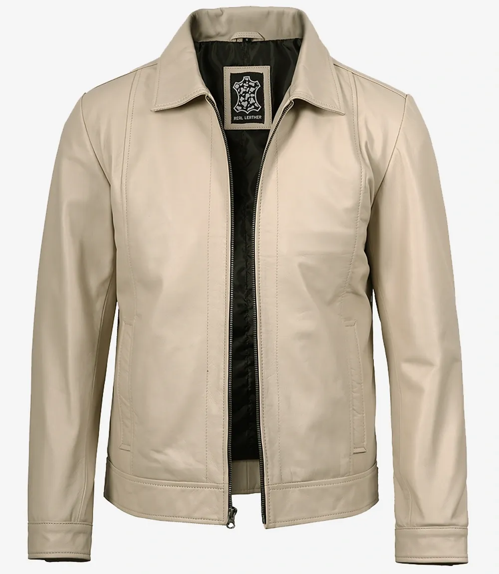 Mens Classic Shirt Collar Beige Harrington Leather Jacket Mens Classic Shirt Collar Beige Harrington Leather Jacket