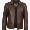 Reeves Mens Shirt Collar Brown Leather Jacket