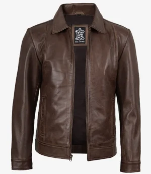 Reeves Mens Shirt Collar Brown Leather Jacket
