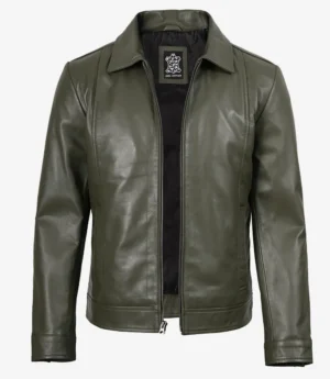 Men's Classic Shirt Collar Olive Green Leather Jacket