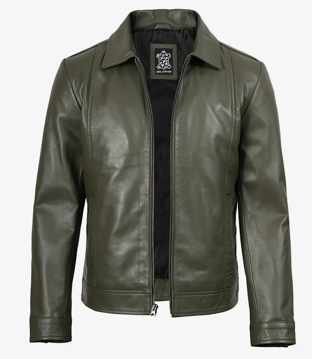 Men's Classic Shirt Collar Olive Green Leather Jacket Men's Classic Shirt Collar Olive Green Leather Jacket