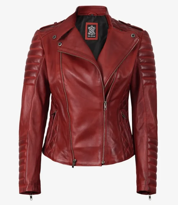 Women's Red Asymmetrical Padded Leather Biker Style Jacket