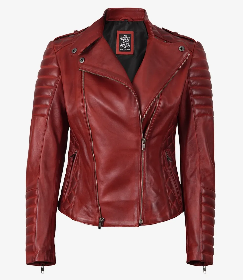 Women's Red Asymmetrical Padded Leather Biker Style Jacket Women's Red Asymmetrical Padded Leather Biker Style Jacket