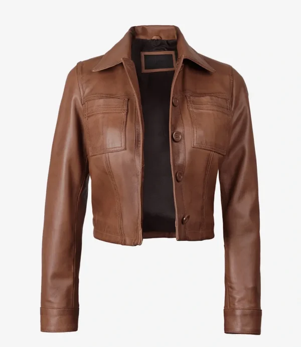 Womens Cropped Cognac Leather Jacket