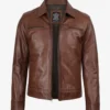 Men's Classic Shirt Collar Cognac Leather Jacket
